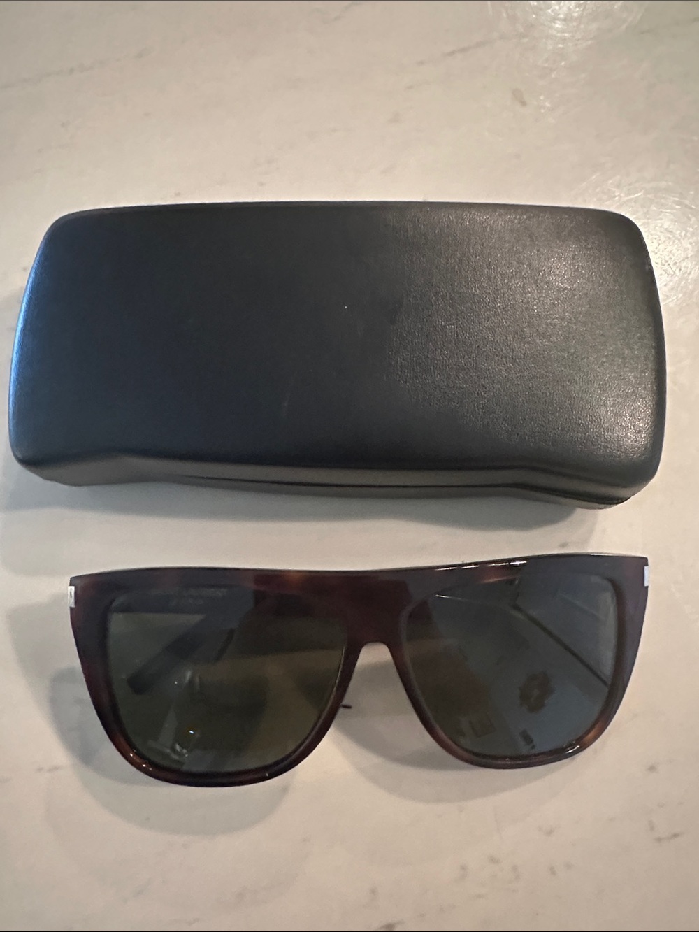 Saint Laurent Tortoiseshell Shield Sunglasses with Dark Green Lenses